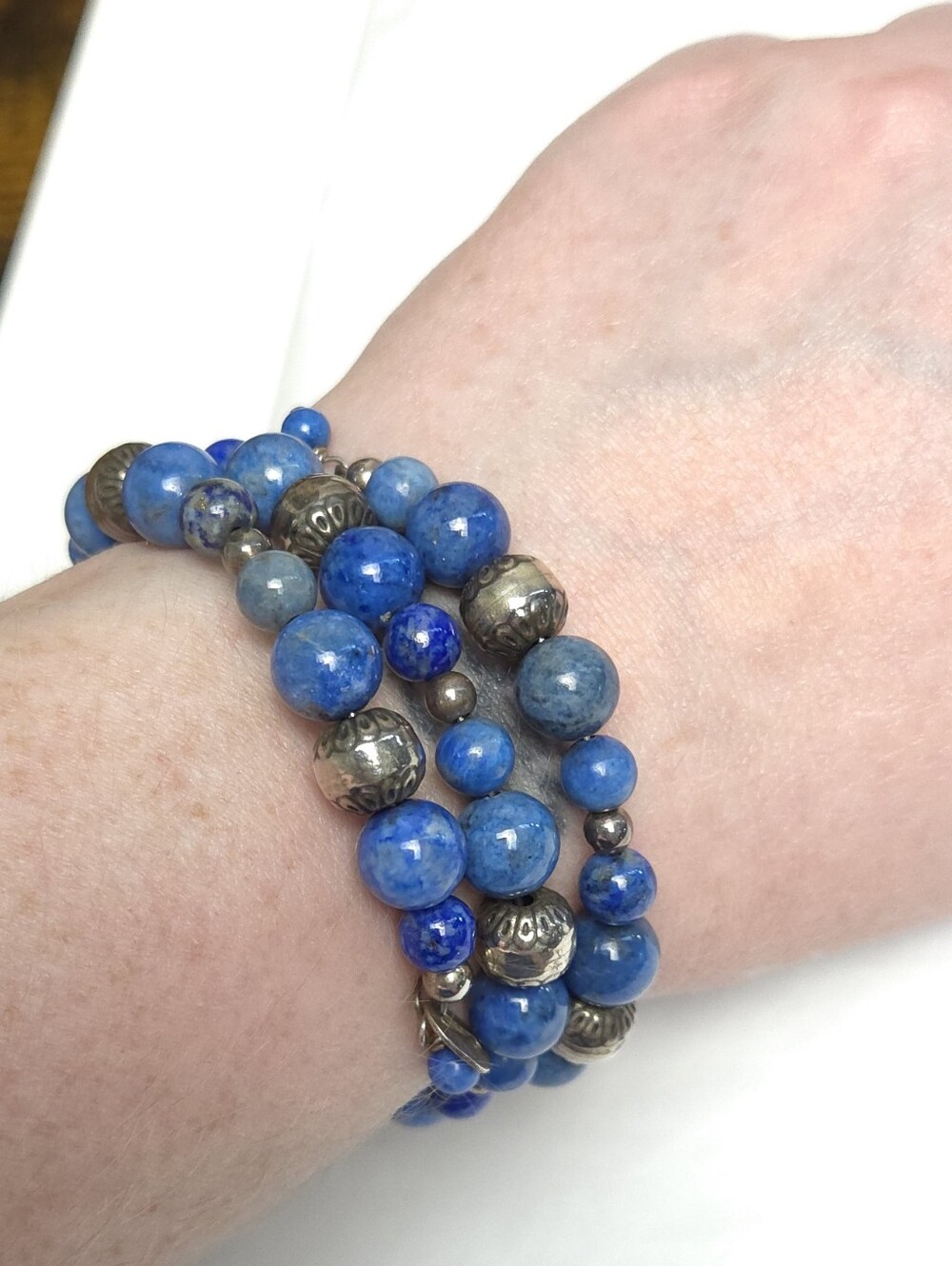 Vintage Lapis Lazuli Stone & Sterling Silver Beaded Wrap Bracelet Carlise CP 925 - Picture 3 of 13